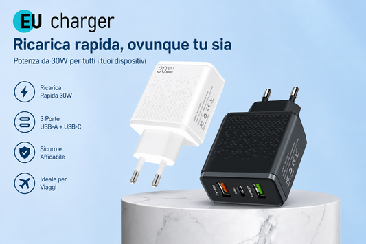CARICATORE 30W – 3 PORTE (USB-C + 2 USB-A)- RICARICA RAPIDA