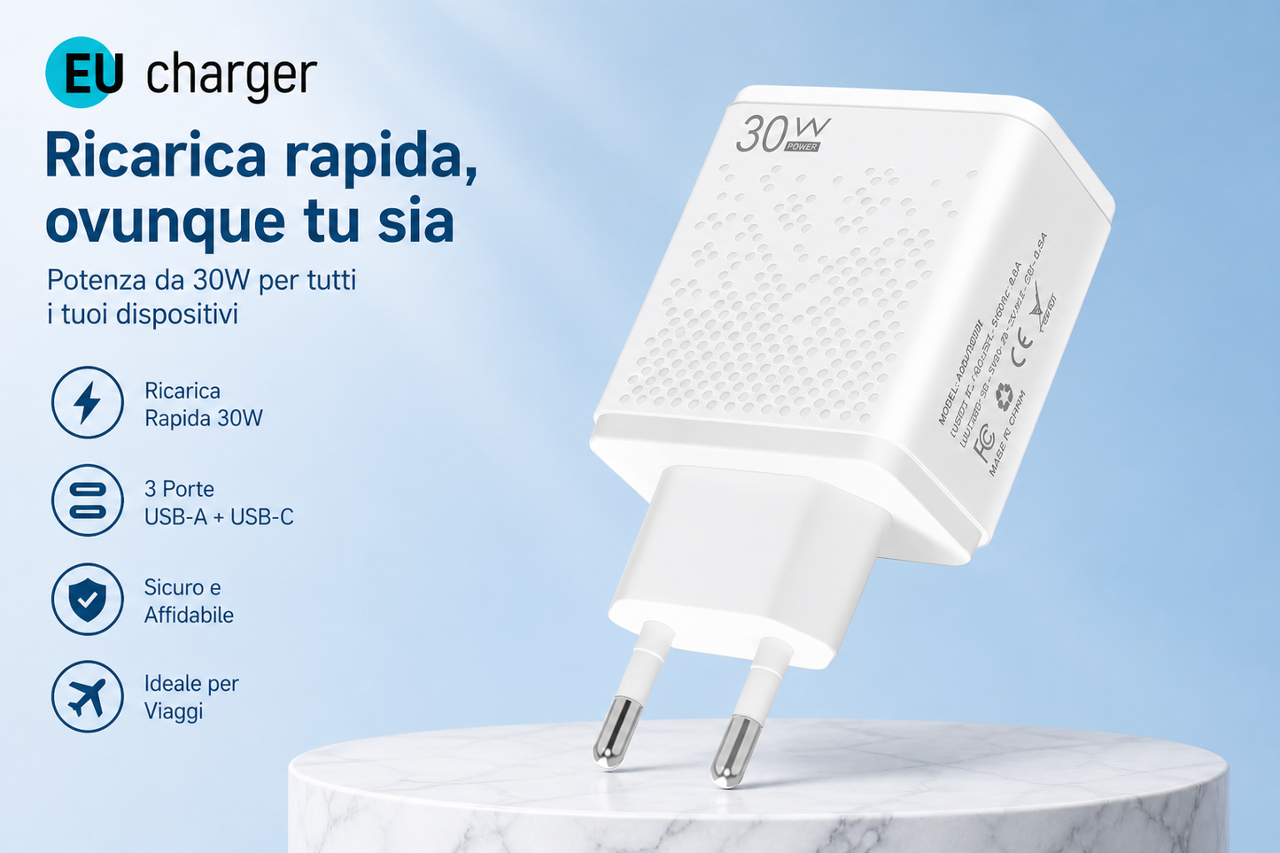 30W CHARGER – 3 PORTS (USB-C + 2 USB-A) - FAST CHARGING